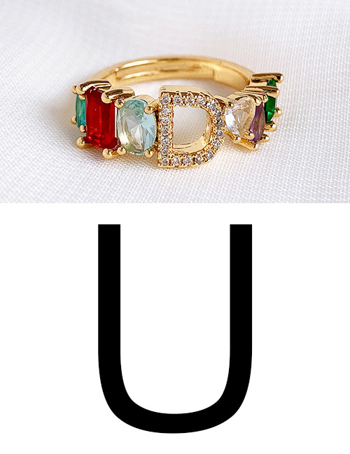 Fashion Golden U Copper Inlaid Zircon Letter Ring