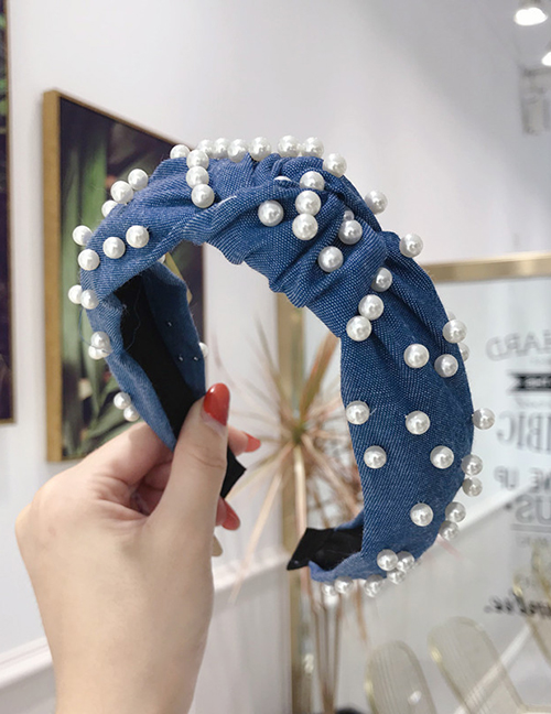 Fashion Medium Color Denim Beaded Knotted Wide-brimmed Headband