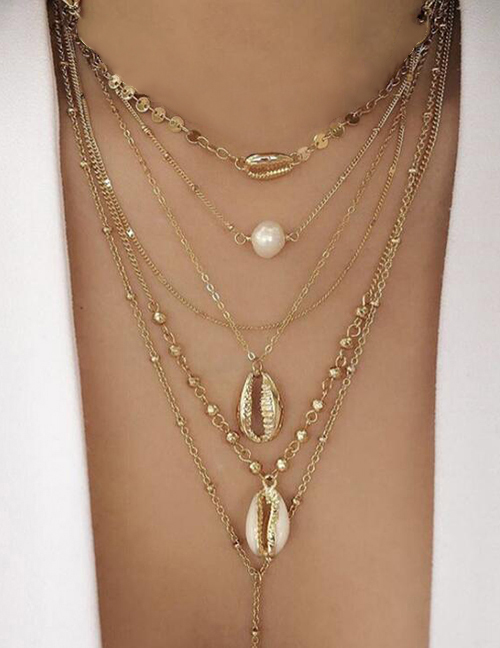 Fashion Gold Alloy Shell Pearl Sequin Multilayer Necklace