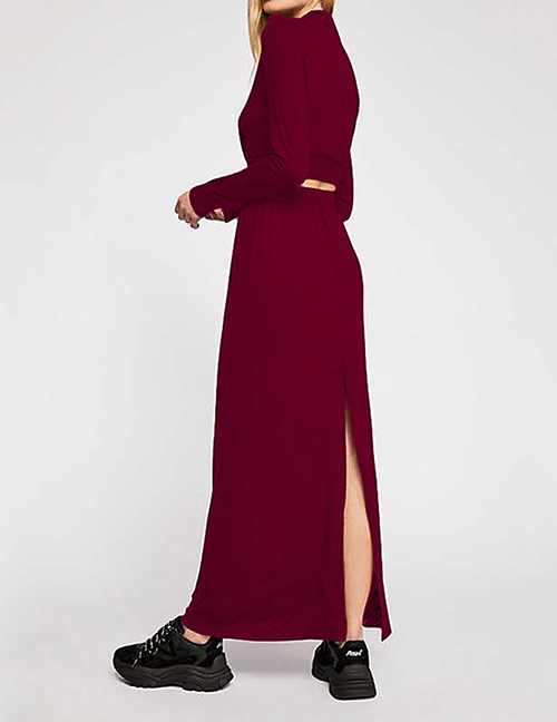 Fashion Red Wine Round Neck Crop Top + Skirt Two-piece Suit