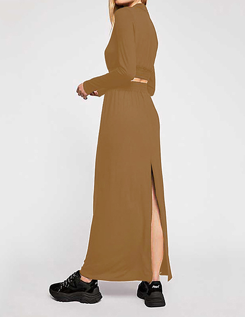 Fashion Khaki Round Neck Crop Top + Skirt Two-piece Suit