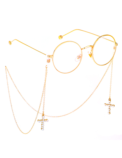 Fashion Gold Metal Color Retention Gold Pearl Cross Glasses Chain