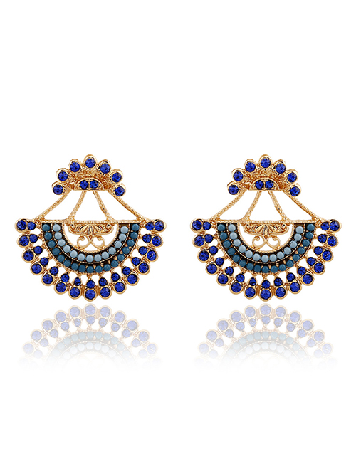 Fashion Royal Blue Beaded Diamond Cutout Earrings