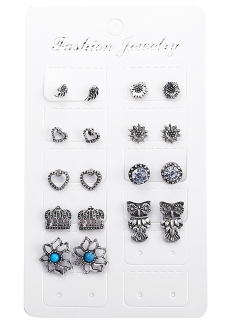 Fashion Silver Crown Flower English Alphabet Earrings Set Of 10