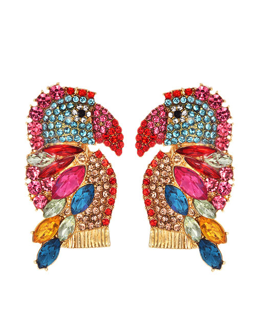 Fashion Rose Red Alloy-studded Woodpecker Stud Earrings