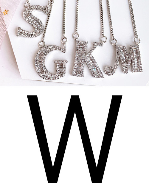 Fashion W Silver Copper Inlaid Zircon Letter Necklace