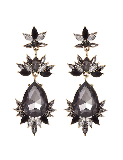 Fashion Black Alloy Diamond-drilled Drop-shaped Diamond Stud Earrings
