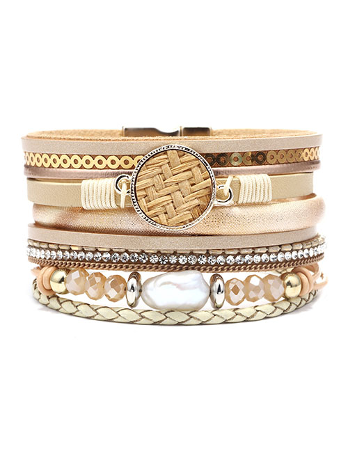 Fashion Beige Pearl-studded Multi-layer Leather Magnetic Buckle Bracelet