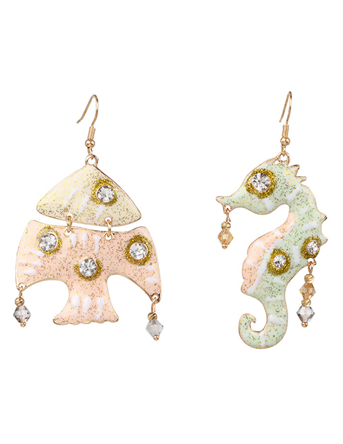 Fashion Pink + Green Asymmetrical Fish Seahorse Earrings