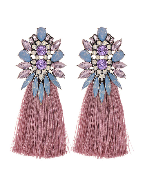 Fashion Leather Pink + Light Blue Alloy Diamond Geometry Tassel Earrings