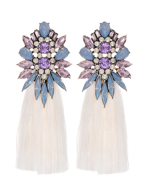 Fashion White + Light Blue Alloy Diamond Geometry Tassel Earrings