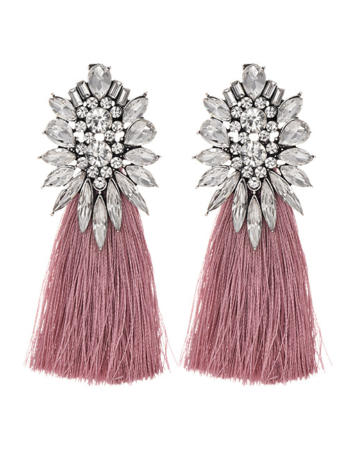 Fashion Leather Pink + White Alloy Diamond Geometry Tassel Earrings