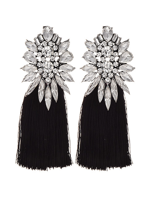 Fashion Black + White Alloy Diamond Geometry Tassel Earrings