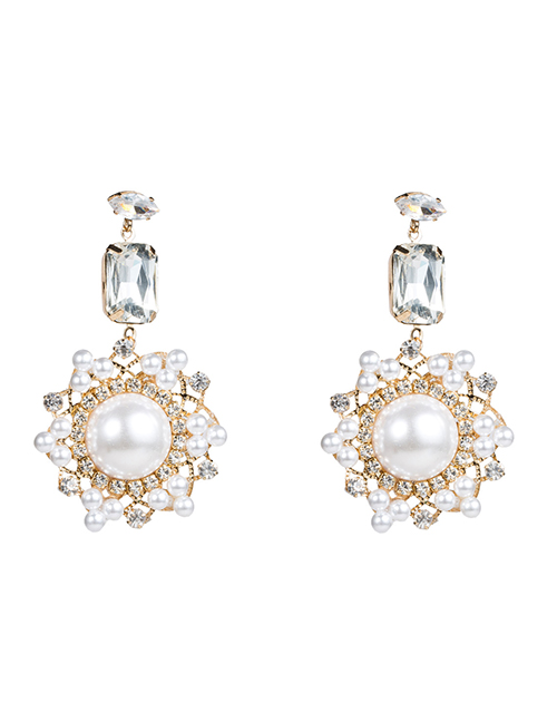 Fashion White  Silver Needle Acrylic Diamond Imitation Pearl Flower Earrings