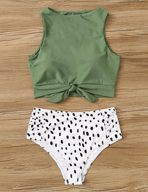 Fashion Green Leopard Point Printed High Waist Split Swimsuit