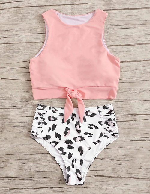 Fashion Pink Leopard Point Printed High Waist Split Swimsuit