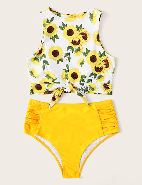 Fashion Yellow Sunflower Printed High Waist Split Swimsuit