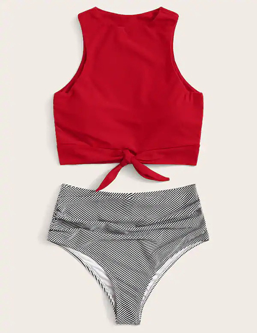 Fashion Red Stripe Printed High Waist Split Swimsuit