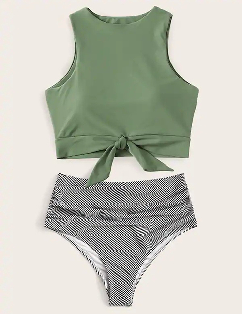 Fashion Green Stripes Printed High Waist Split Swimsuit