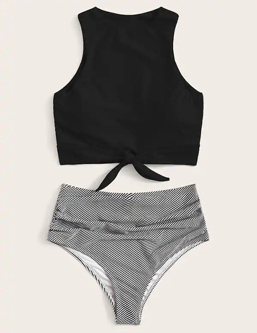 Fashion Black Strips Printed High Waist Split Swimsuit