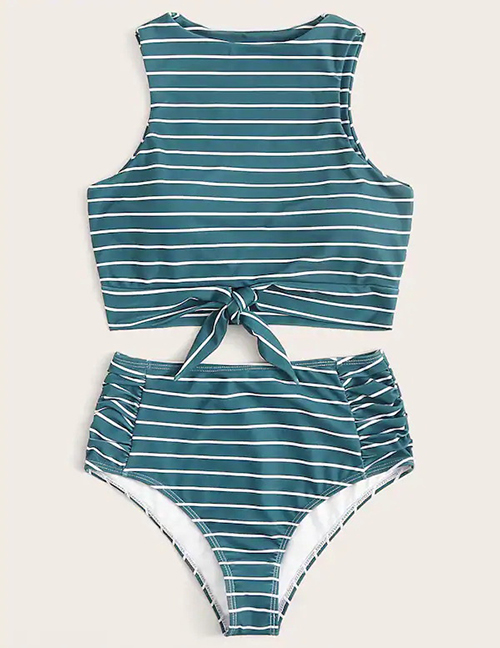 Fashion Blue And White Stripes Printed High Waist Split Swimsuit