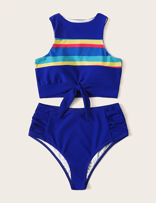 Fashion Blue Color Strip Printed High Waist Split Swimsuit
