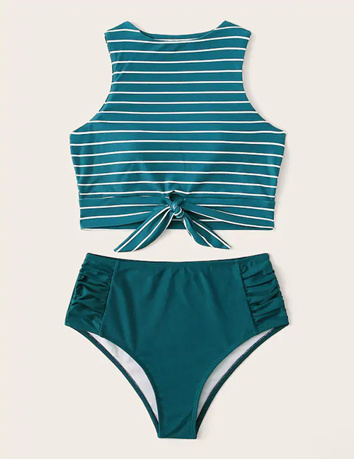 Fashion Blue And White Tops Printed High Waist Split Swimsuit