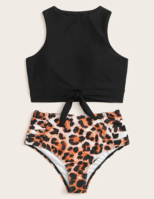 Fashion Black Leopard Printed High Waist Split Swimsuit