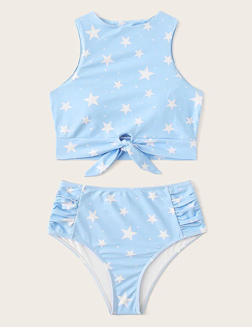 Fashion Blue Stars Printed High Waist Split Swimsuit