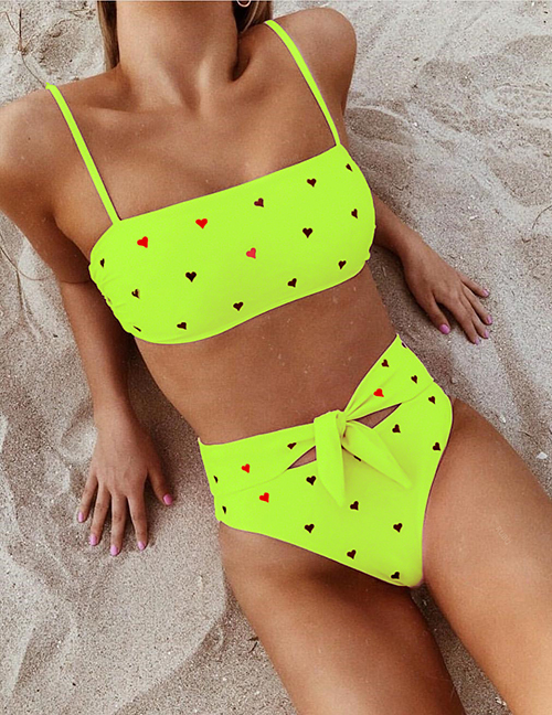 Fashion Fluorescent Yellow Belted Love Print High Waist Bikini