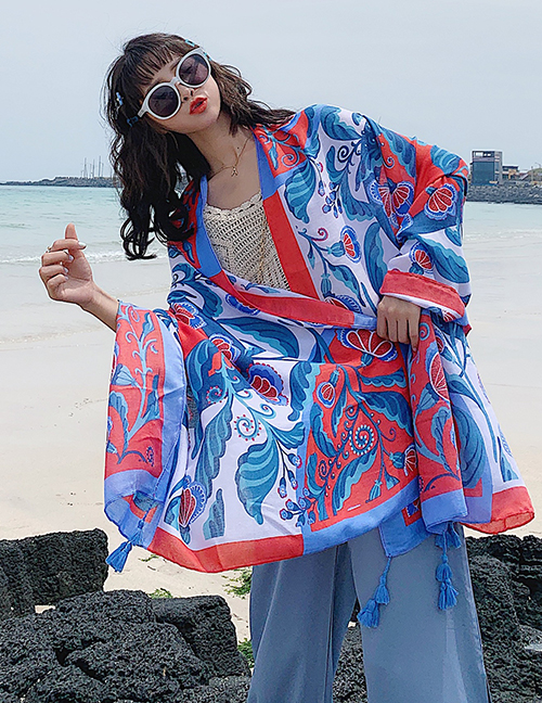 Fashion Red-edged Blue Leaves Oversized Sunscreen Shawl
