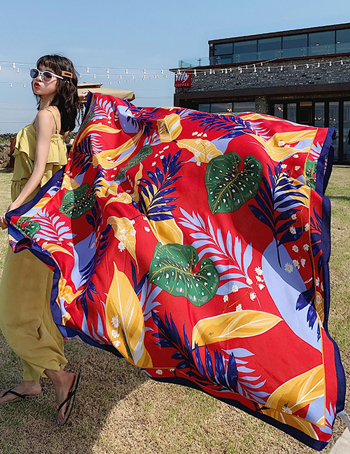 Fashion Red Blue Seaweed Cotton And Linen Large Sunscreen Shawl