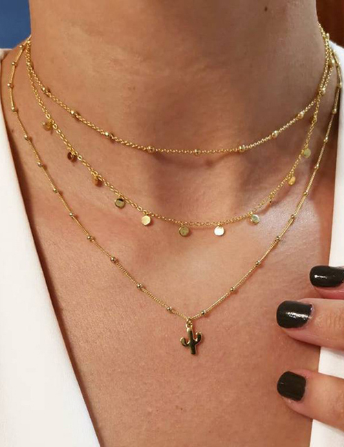 Fashion Gold Cactus Sequins Multi-layer Necklace