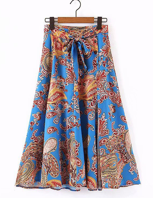 Fashion Blue Flower Printed Lace Skirt