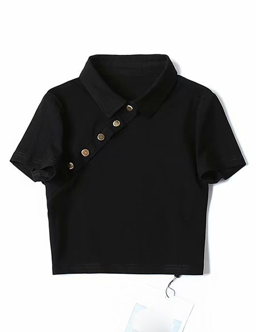 Fashion Black Polo Collar Diagonal Short-sleeved T-shirt