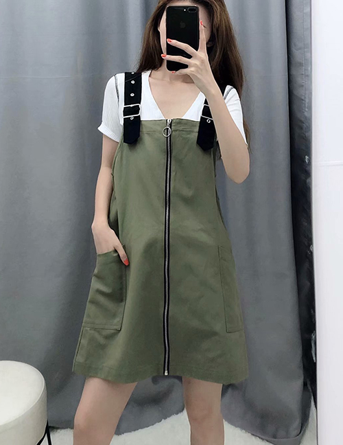 Fashion Green Zipper Strap Dress