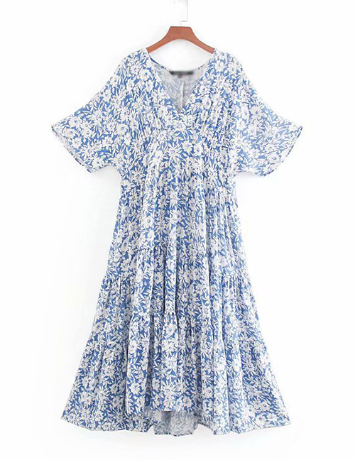Fashion Blue Flower Print V-neck Dress