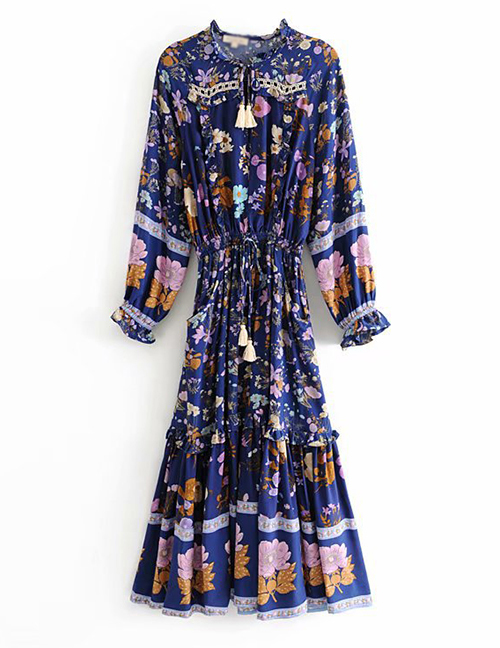 Fashion Blue Cotton Printed Tassel Dress