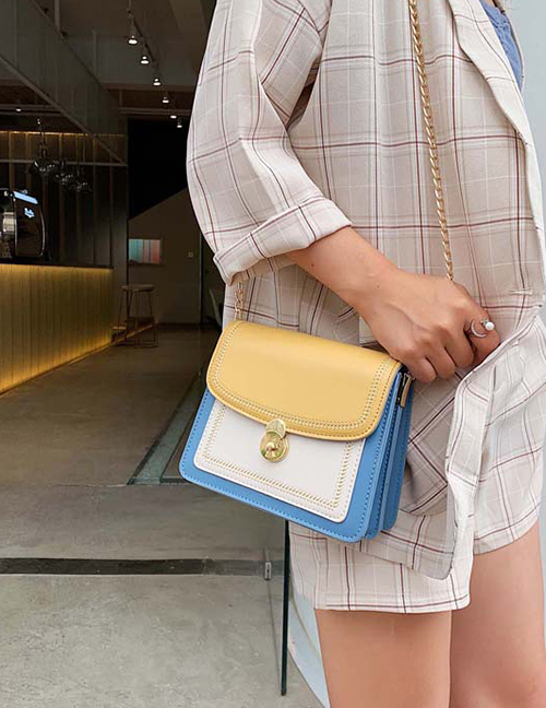 Fashion Blue Pu Contrast Color Stitching Shoulder Messenger Bag