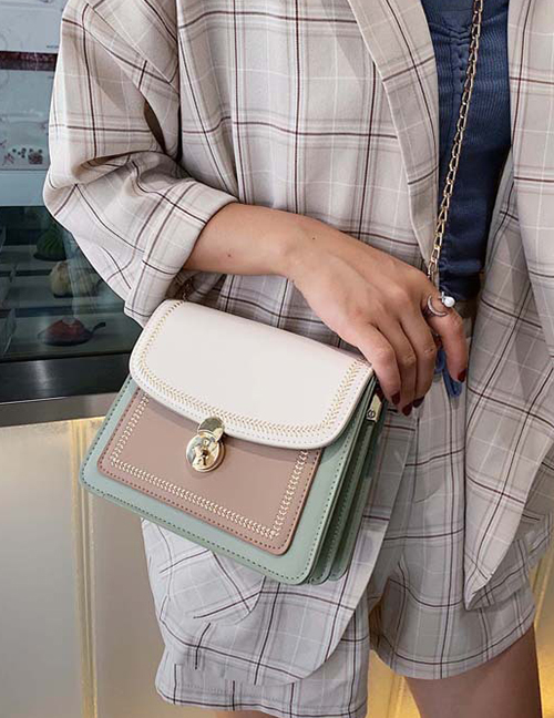 Fashion Matcha Green Pu Contrast Color Stitching Shoulder Messenger Bag