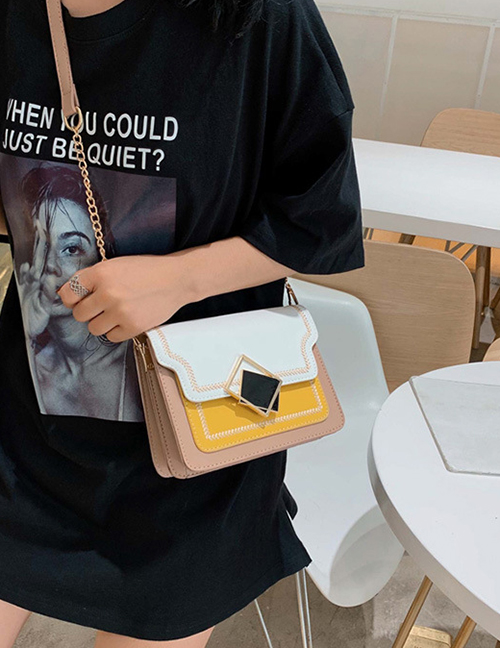 Fashion Khaki Contrast Geometric Square Buckle Shoulder Messenger Bag