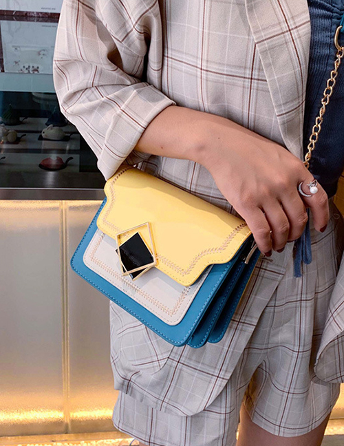 Fashion Blue Contrast Geometric Square Buckle Shoulder Messenger Bag