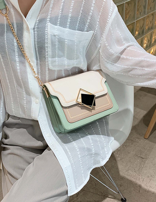 Fashion Matcha Green Contrast Geometric Square Buckle Shoulder Messenger Bag