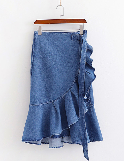 Fashion Blue High-waist Ruffled Irregular Denim Skirt