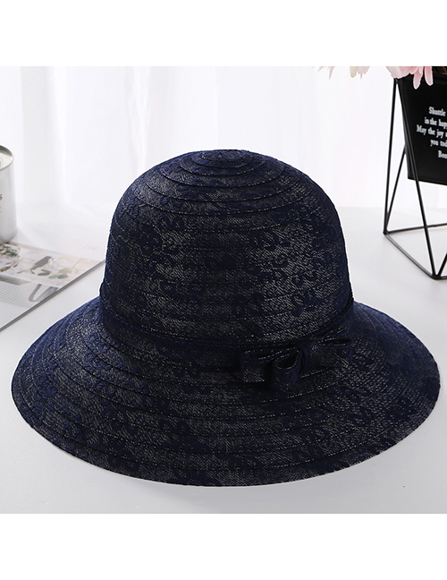 Fashion Navy Lace Bow With Large Straw Hat