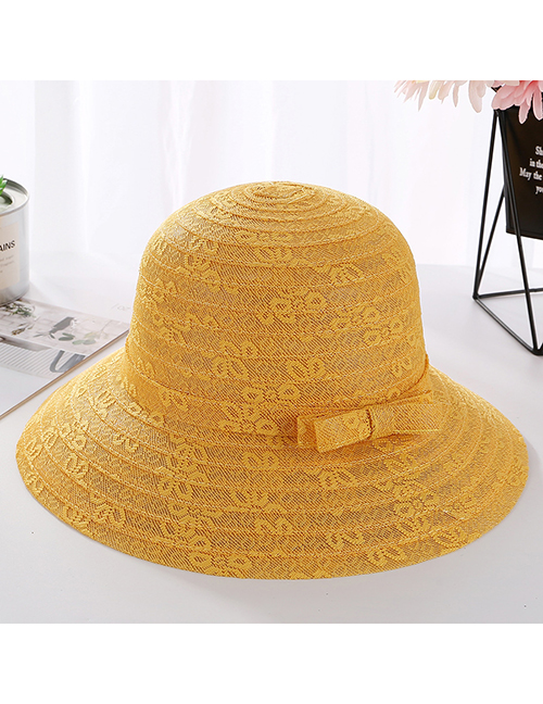 Fashion Yellow Lace Bow With Large Straw Hat