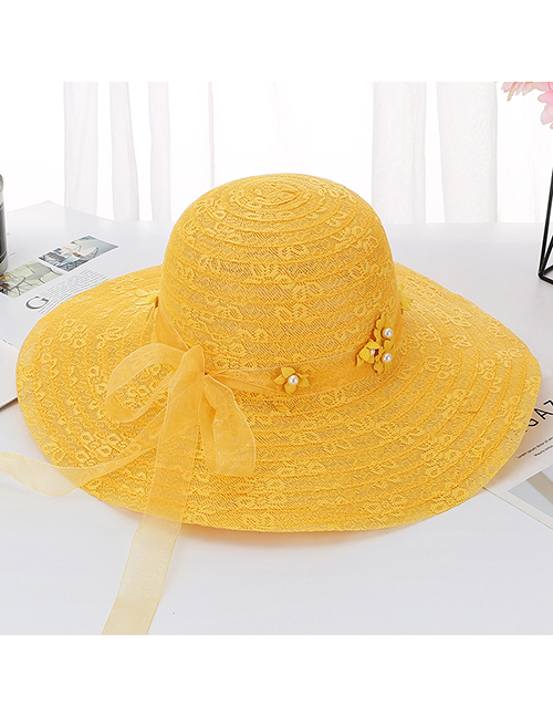 Fashion Yellow Tether Flower Pearl Big Double Layer Lace Sun Hat