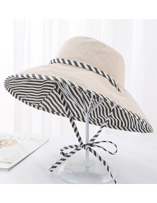 Fashion Beige Double-sided Cotton Full-length Striped Tether Sun Hat