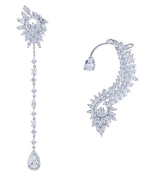 Fashion Silver Irregular Crystal Studded Zircon Tassel Asymmetrical Ear Hook