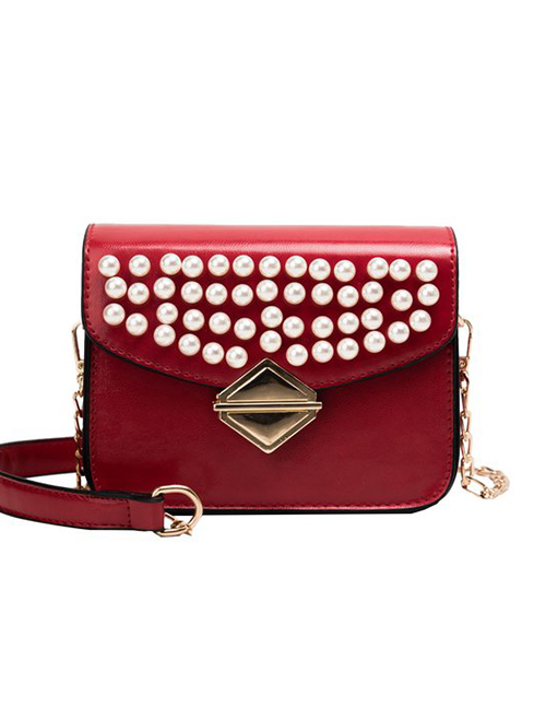 Fashion Red Pearl-locked Shoulder-slung Crossbody Bag